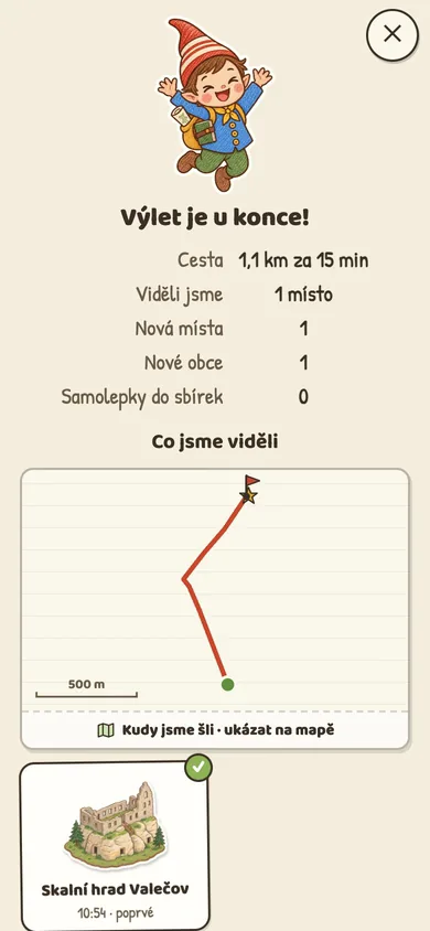 Souhrn výletu: 1,1 km za 15 minut, nové místo a mapka trasy