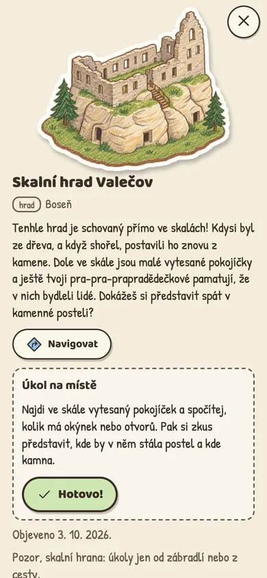 Karta hradu Valečov s vyprávěním pro děti a úkolem na místě