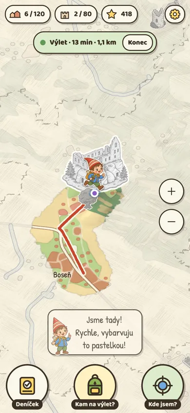 Mapa s trasou výletu a Pastelíkem u hradu Valečov